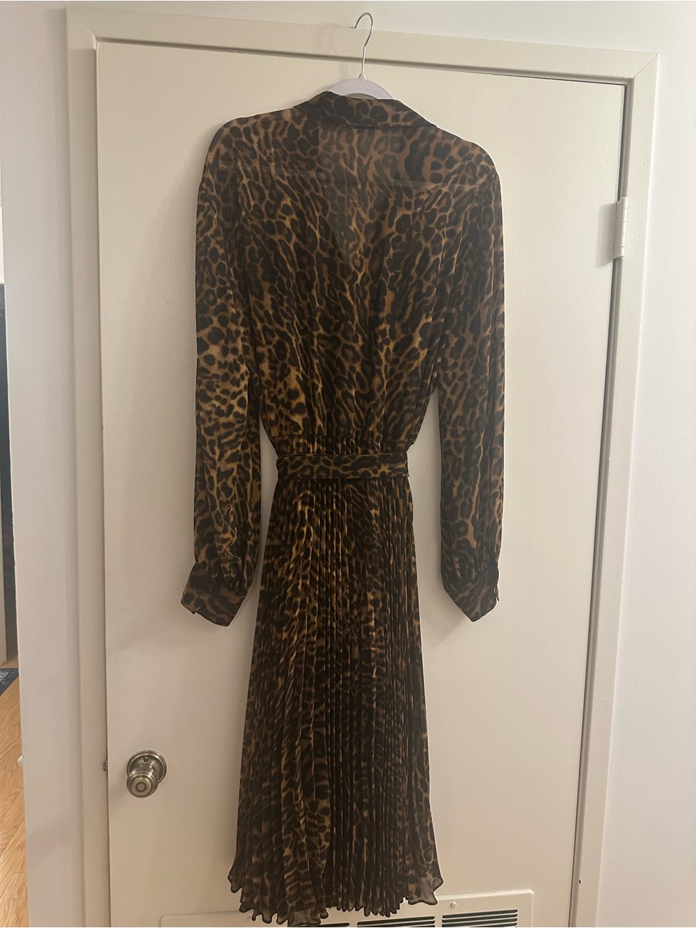 Ralph Lauren Leopard Print Long Sleeve Pleated Midi Dress - Brown/Black